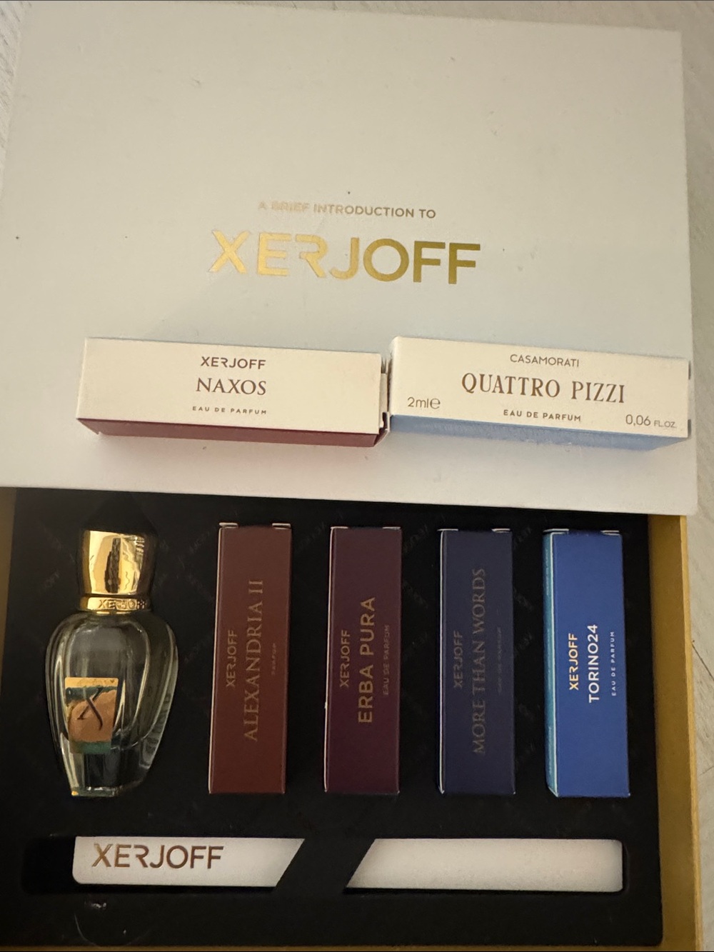 Xerjoff perfume sampler set: Erba Gold, Alexandria II, Naxos, erba pura & more